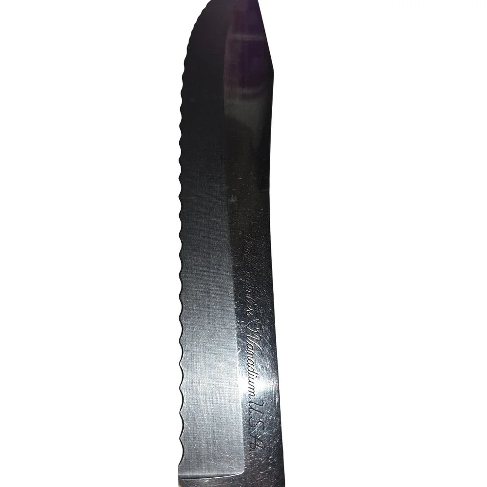 Vintage Flint Stainless Vanadium Serrated Knife Wood Handle Made in USA